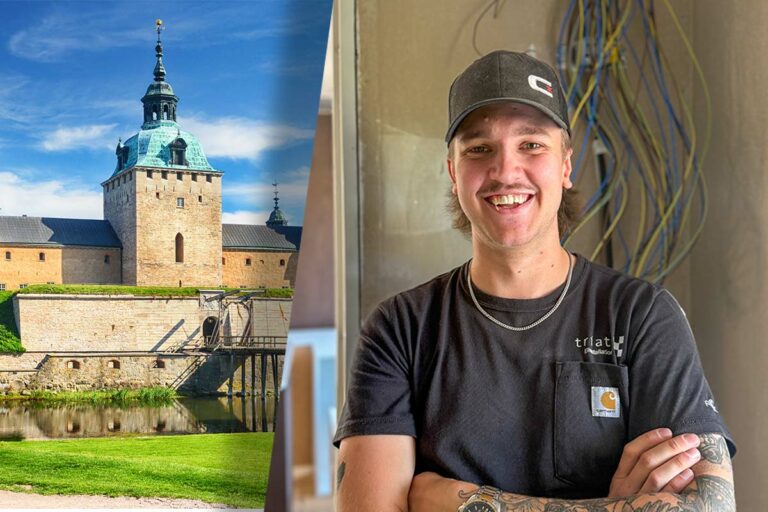 Montage med Kalmar slott i bakgrunden och Adam Josefsson elektriker och poddare till höger.