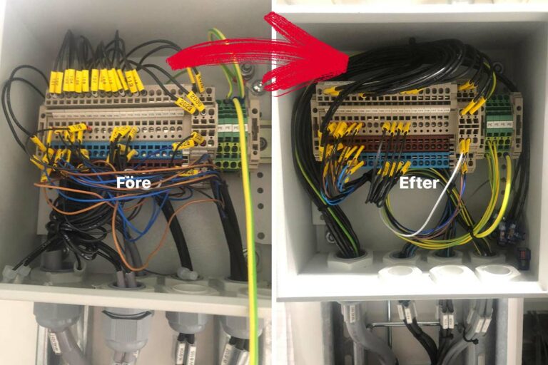 Före- och efterbild av en elcentral som en elektriker har städat i. Före-bilden visar sladdhärvor som på efter-bilden är ihopbuntade.