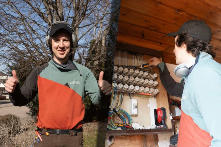 Elektrikern Joel Ahlén står och gör en gest med båda tummar upp och på andra bilden arbetar han med en gängsäkringscentral.