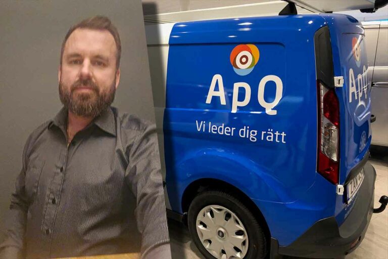 Krisdrabbade APQ El:s nya vd Niklas Avander och en av företagets hantverkarbilar stripad med texten ApQ Vi leder dig rätt.